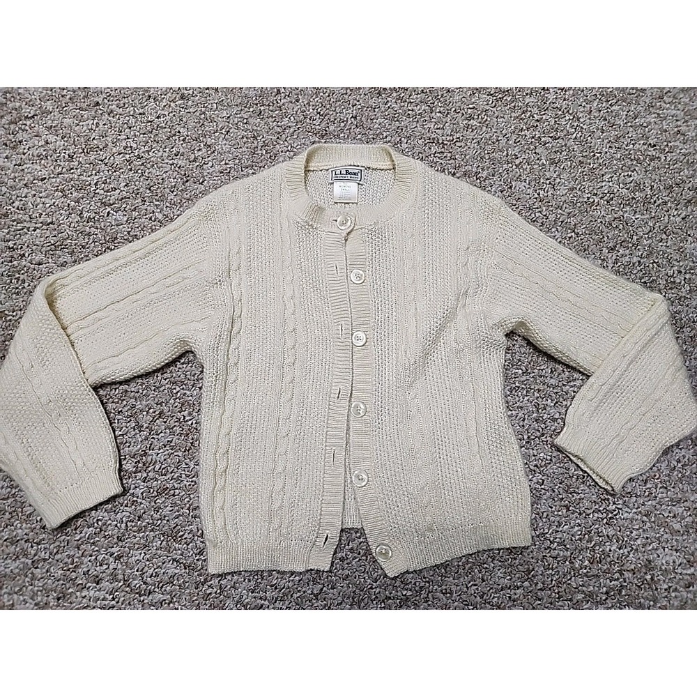 Vtg LL Bean Ivory Mohair Blend‎ Cable Knit Cardigan Sweater USA Made Small